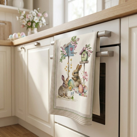 Serviettes de cuisine de Pâques, ensemble en coton 5 pièces 50x70 - Lapins et œufs - Fabriqué en Italie