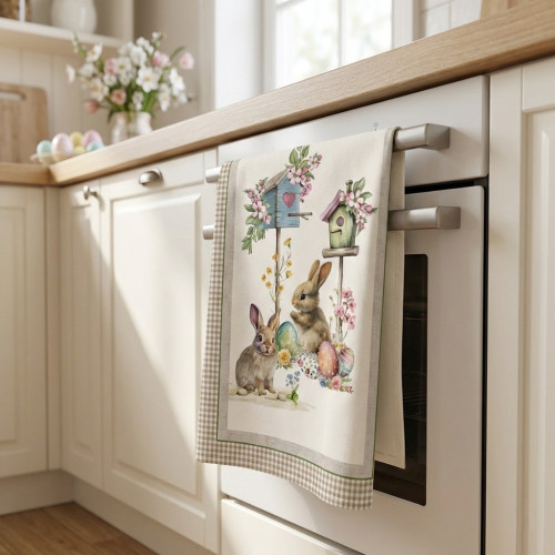 Set de toallas de cocina de Pascua de algodón 5 piezas 50x70 - Conejos y huevos - Hecho en Italia