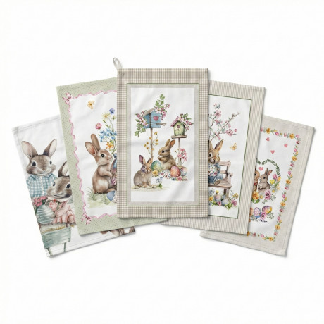 Easter Kitchen Towels Cotton Set 5 Pieces 50x70 - Bunnies and Eggs - Made in Italy