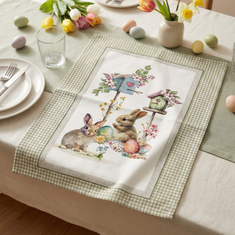 Osterküchenhandtücher Baumwollset 5 Teile 50x70 - Kaninchen und Eier - Hergestellt in Italien