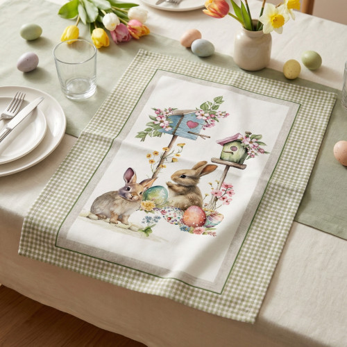 Serviettes de cuisine de Pâques, ensemble en coton 5 pièces 50x70 - Lapins et œufs - Fabriqué en Italie