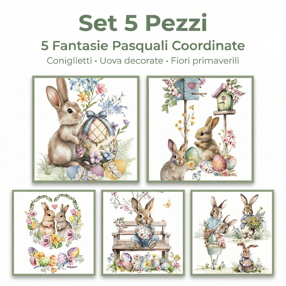 Strofinacci Cucina Pasquali Cotone Set 5 Pezzi 50x70 - Coniglietti e Uova - Made in Italy