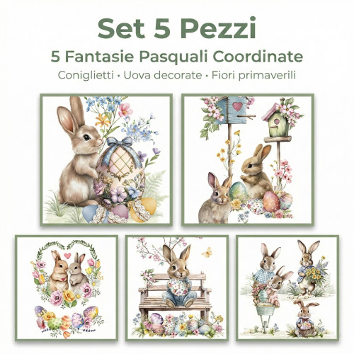 Osterküchenhandtücher Baumwollset 5 Teile 50x70 - Kaninchen und Eier - Hergestellt in Italien