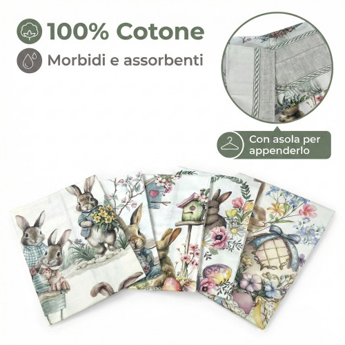 Serviettes de cuisine de Pâques, ensemble en coton 5 pièces 50x70 - Lapins et œufs - Fabriqué en Italie