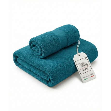 Pair of Face and Guest Towels Petroleum - Terry 100% Cotton 450 g/m² Made in Italy