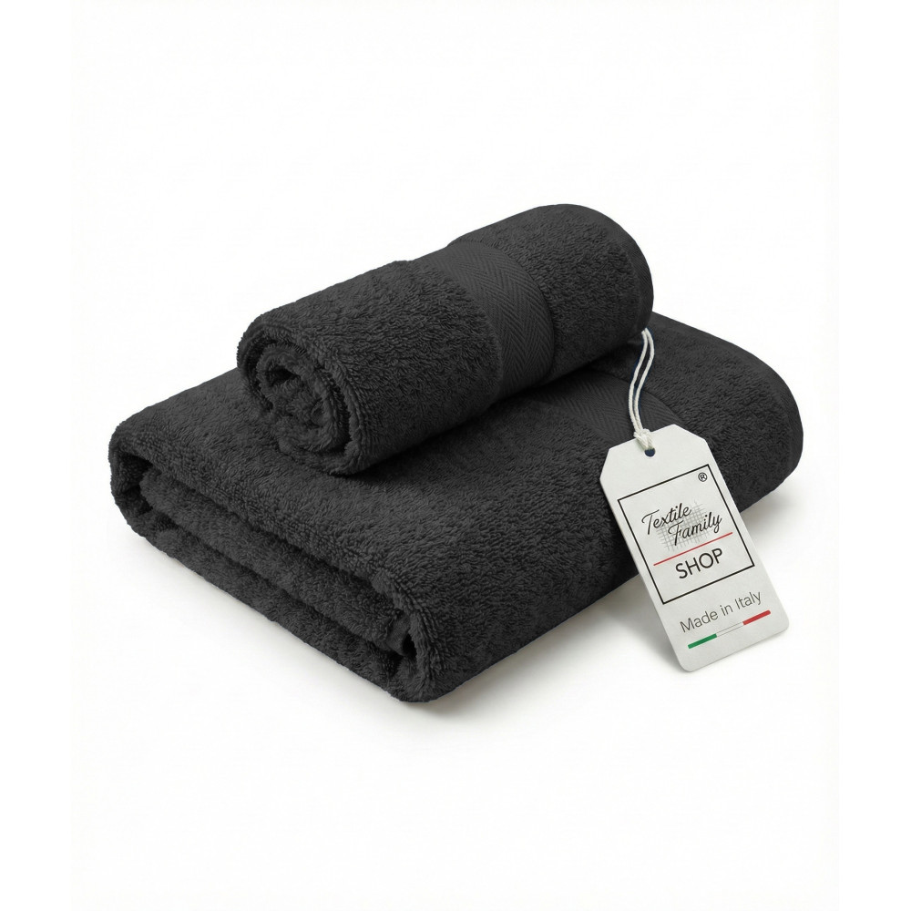 Pair of Black Face and Guest Towels - 100% Cotton Terry Towel 450 g/m² Made in Italy