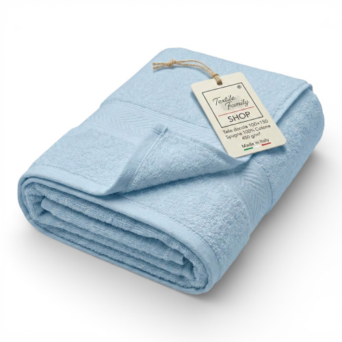 Toalla de ducha azul claro 100x150 en 100% algodón de rizo 450 g/m² Fabricada en Italia