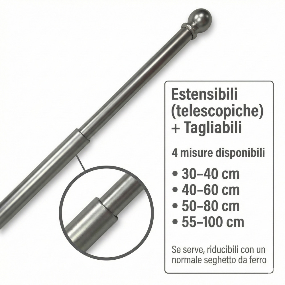 Coppia Astine Tex per Tenda a Vetro Ø7 mm in Ottone Nichelato Argento Opaco, Estensibili, con Viti, Made in Italy