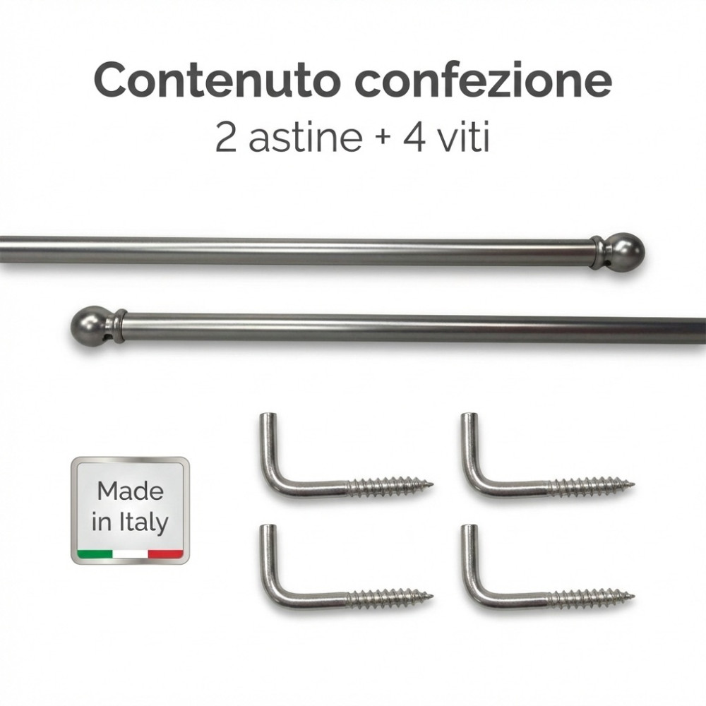 Pair of Tex Rods for Glass Curtain Ø7 mm in Matt Silver Nickel Plated Brass, Extendable, with Screws, Made in Italy