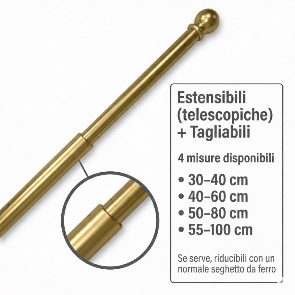 Paar Tex-Stäbe für Glasvorhang Ø7 mm aus poliertem Messing, ausziehbar, mit Schrauben, hergestellt in Italien