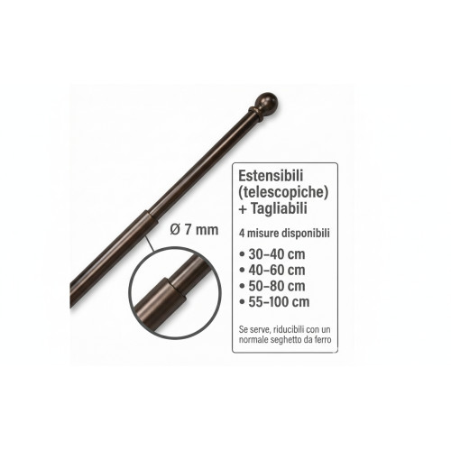 Paire de tiges en tex pour rideau de verre de 7 mm Ø en laiton bronzé satiné, extensible, avec vis, fabriquées en Italie