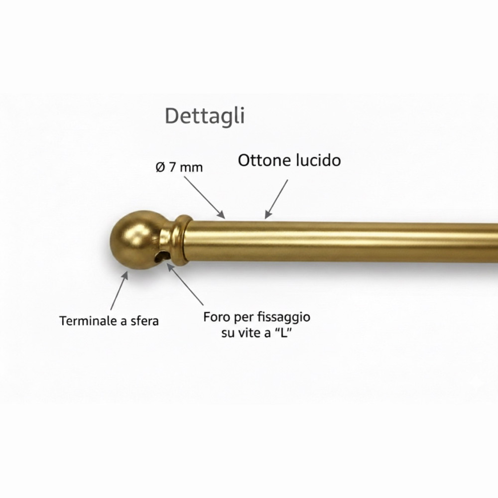 Par de varillas de tex para cortina de cristal de 7 mm de Ø7 mm en latón pulido, extensibles, con tornillos, fabricadas en Itali