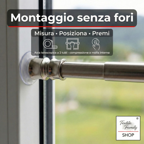 Pair of push-in rods for glass curtain in nickel-plated brass silver Tex, adjustable with suction cups, Ø7/8 mm, Made in Italy