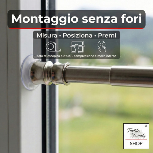 Pair of push-in rods for glass curtain in nickel-plated brass silver Tex, adjustable with suction cups, Ø7/8 mm, Made in Italy
