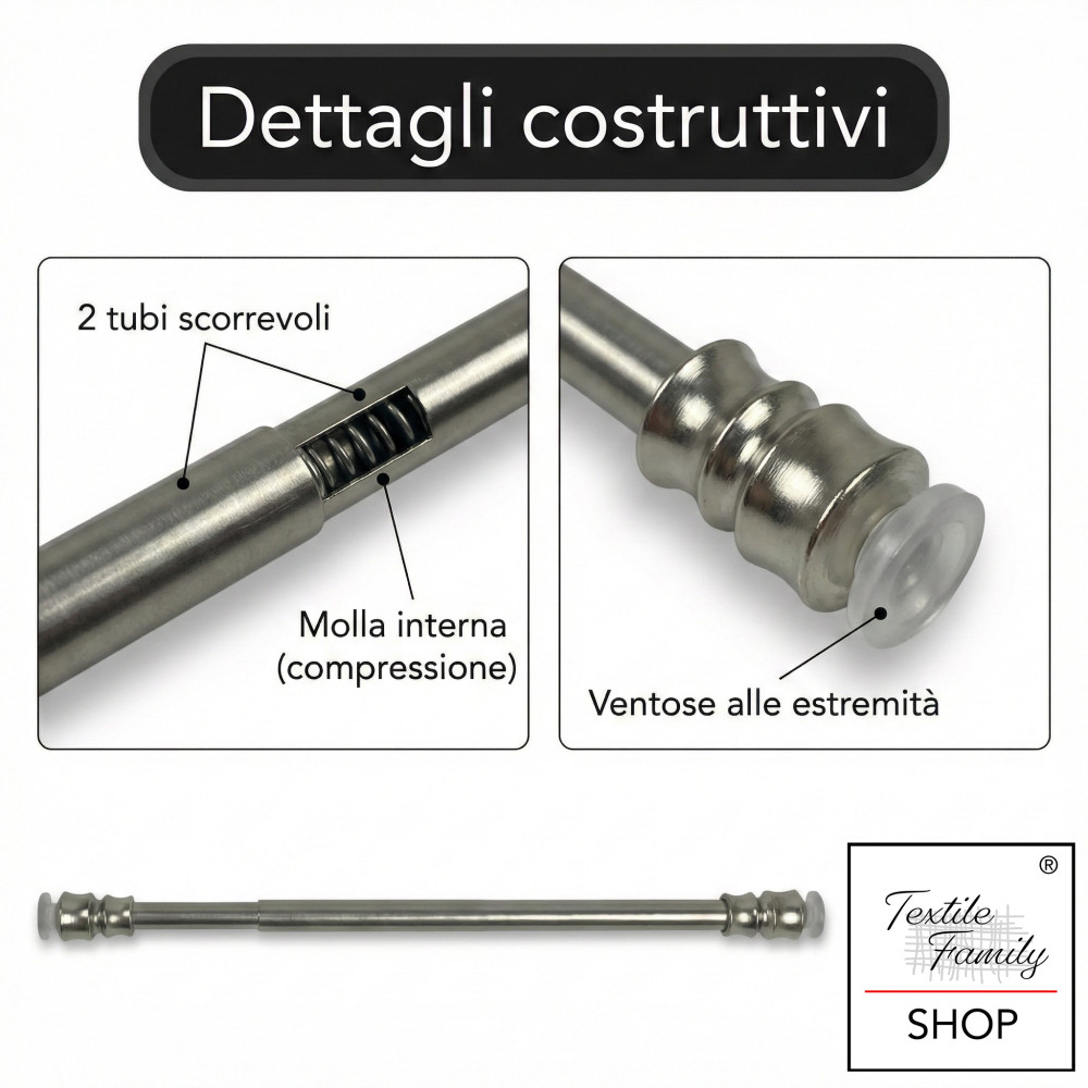 Par de varillas empujables para cortina de cristal en latón niquelado Tex, ajustables con ventosas, Ø7/8 mm, fabricadas en Itali