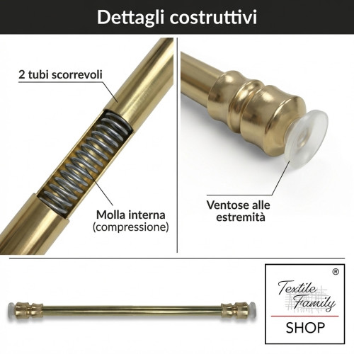 Coppia astine a pressione per tenda a vetro Ottone lucido oro Tex, regolabili con ventose, Ø7/8 mm, 4 misure, Made in Italy