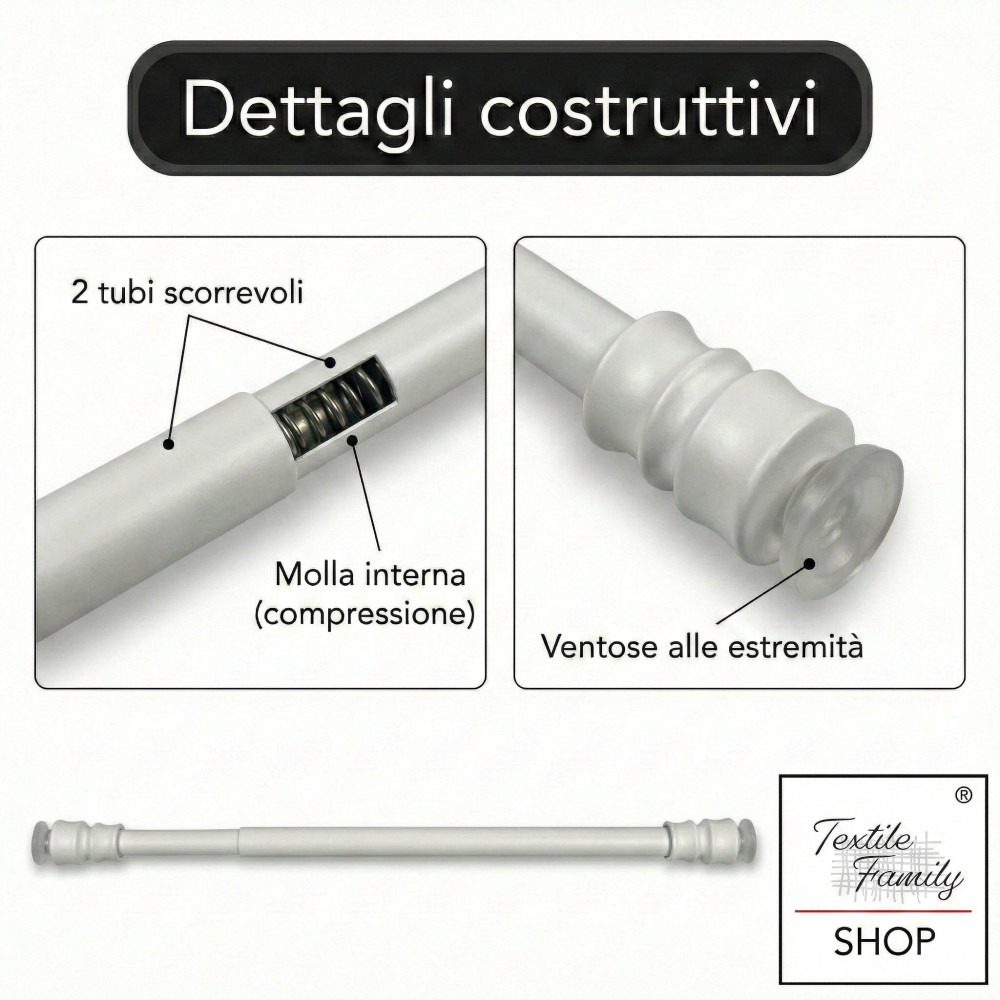 Coppia astine a pressione per tenda a vetro bianco Tex, regolabili con ventose, Ø7/8 mm, 4 misure, Made in Italy