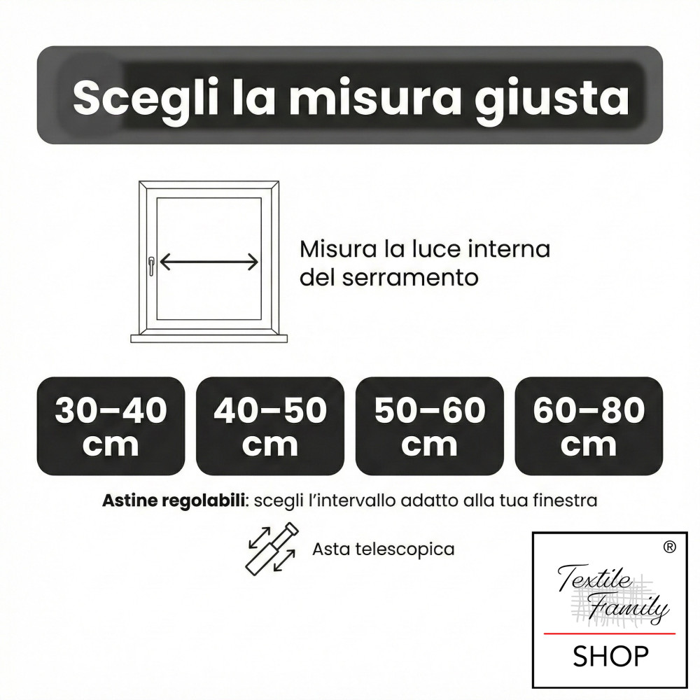 Coppia astine a pressione per tenda a vetro bianco Tex, regolabili con ventose, Ø7/8 mm, 4 misure, Made in Italy