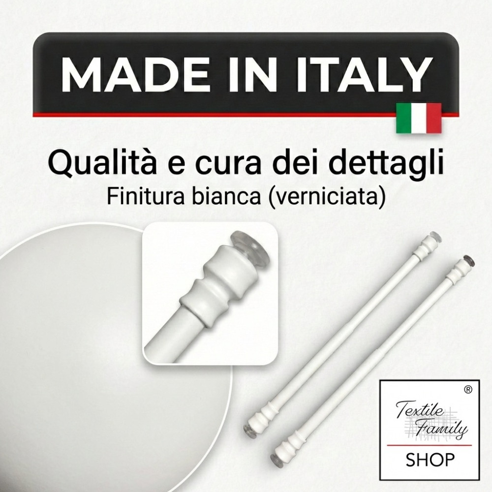 Paar Tex weiße Glasvorhangstangen, verstellbar mit Saugnäpfen, Ø7/8 mm, 4 Größen, hergestellt in Italien