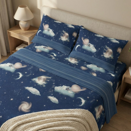 Juego de sábanas Blue Planets Design 100% algodón, juego de cama espacial con debajo y esquinas h25, fabricado en Italia