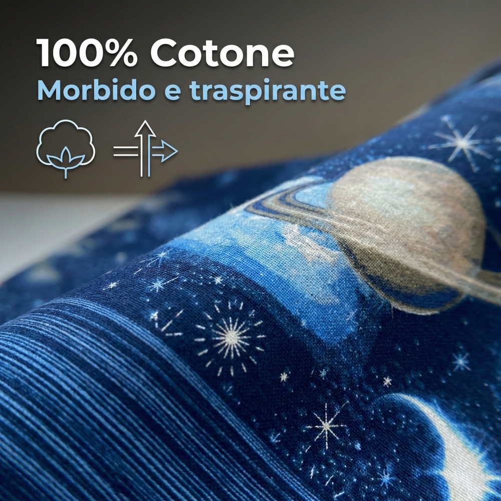 Juego de sábanas Blue Planets Design 100% algodón, juego de cama espacial con debajo y esquinas h25, fabricado en Italia