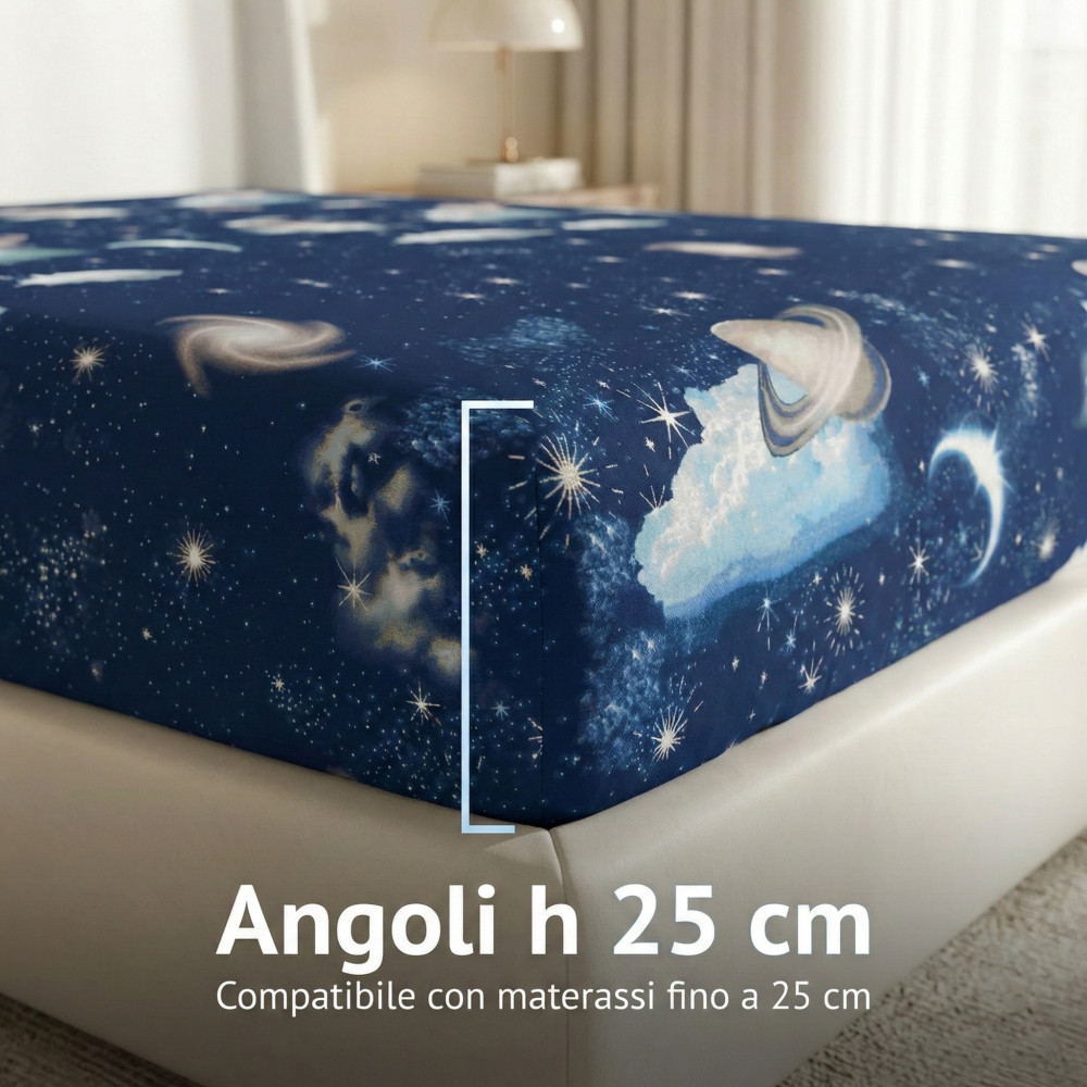 Juego de sábanas Blue Planets Design 100% algodón, juego de cama espacial con debajo y esquinas h25, fabricado en Italia