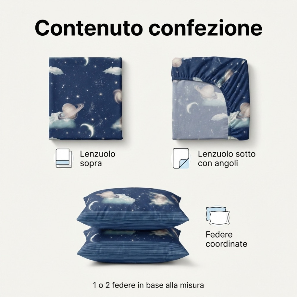 Juego de sábanas Blue Planets Design 100% algodón, juego de cama espacial con debajo y esquinas h25, fabricado en Italia