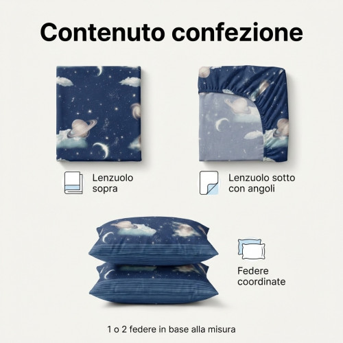 Completo Lenzuola Disegno Pianeti Blu 100% Cotone, Set Letto Spazio con Sotto con Angoli h25, Made in Italy