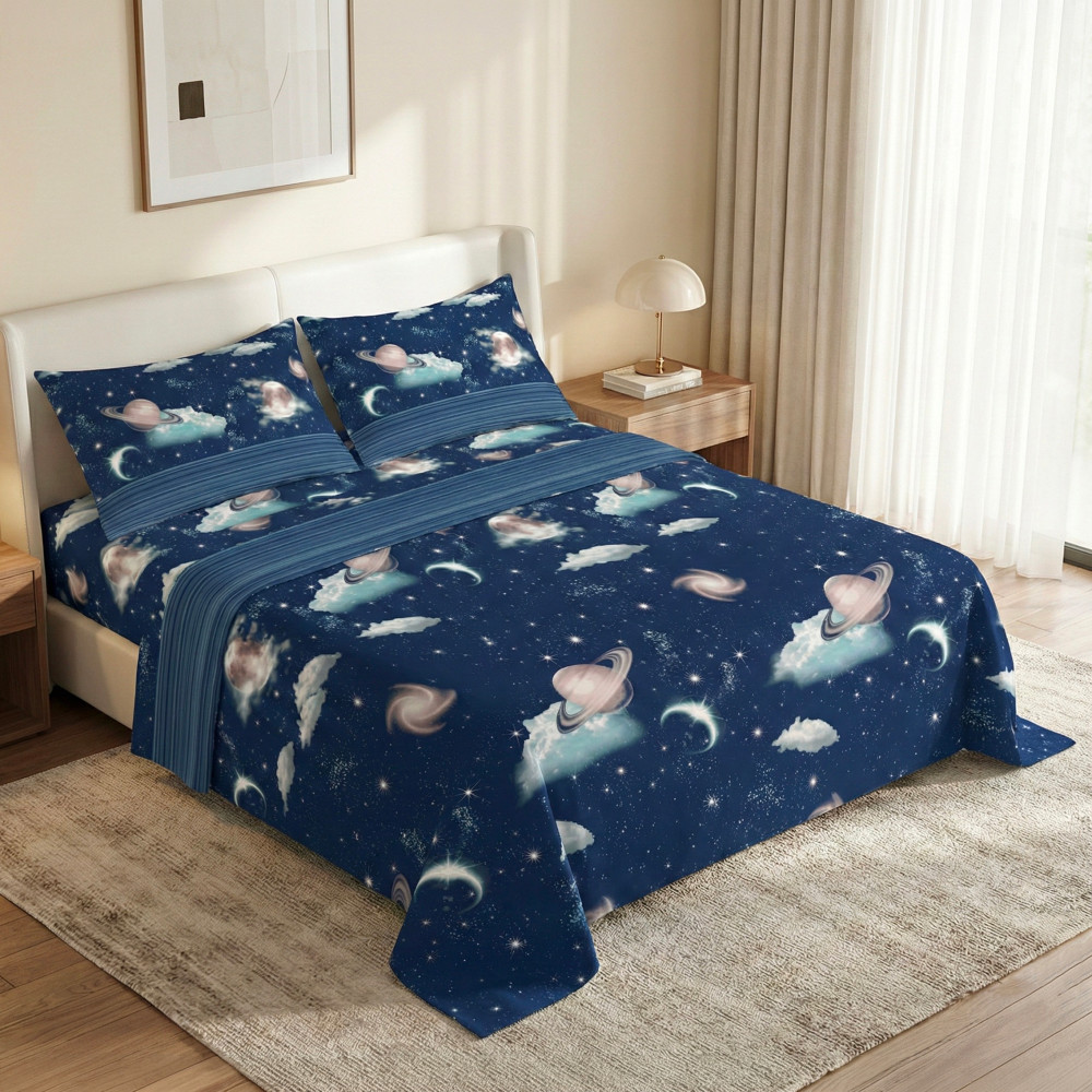 Blue Planets Design-Bettlaken mit 100% Baumwolle, Space-Bett-Set mit Untergrund und Ecken H25, hergestellt in Italien