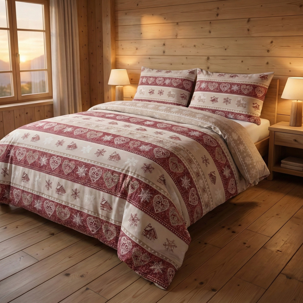 Duvet Cover Heart and Hut Red Cotton 100% Made in Italy - with 40 cm flap and Placed Design Pillowcases