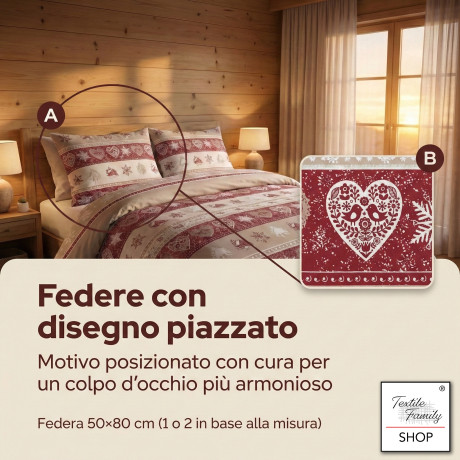 Duvet Cover Heart and Hut Red Cotton 100% Made in Italy - with 40 cm flap and Placed Design Pillowcases