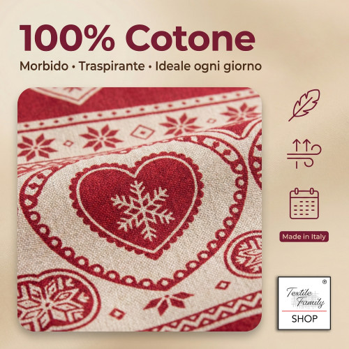 Valbadia Bettbezug Rote Baumwolle, 100 % in Italien hergestellt – Herz- und Hüttenmuster, Patella 40 cm, platzierte Design-Kisse