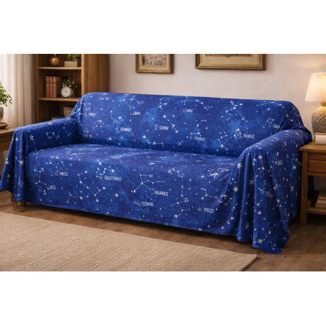 Blue Zodiac Signs Blanket - 100% Cotton - Gran Scarf Multipurpose Bedspread/Sofa Cover - Made in Italy