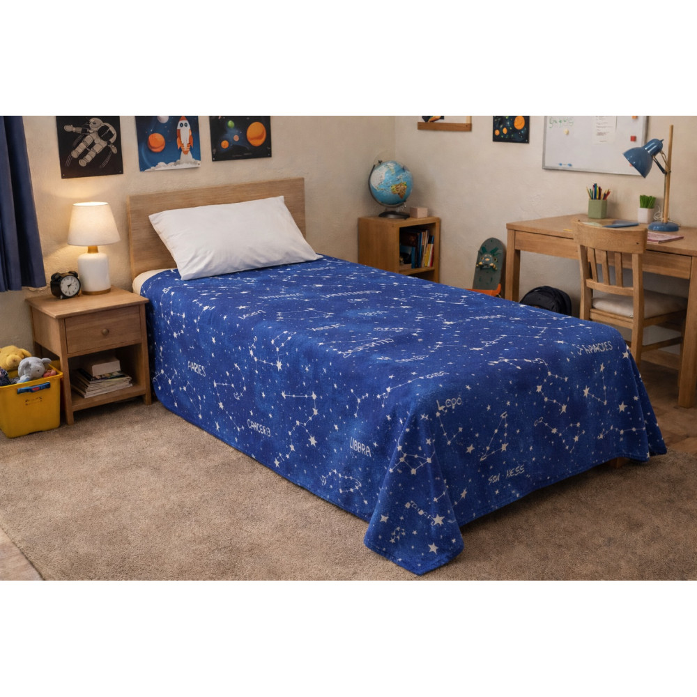 Blue Zodiac Signs Blanket - 100% Cotton - Gran Scarf Multipurpose Bedspread/Sofa Cover - Made in Italy