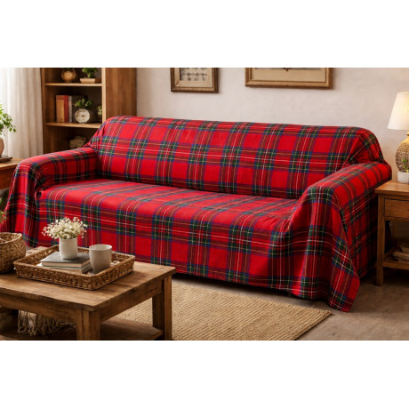 Red Tartan Blanket - 100% Cotton - Gran Scarf Multipurpose Sofa Cover/Bedspread - Made in Italy