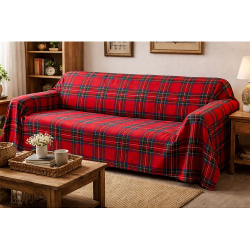 Couverture en tartan rouge - 100 % coton - Écharpe Gran Housse de canapé/couvre-lit multi-usage - Fabriqué en Italie