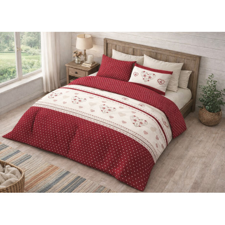 Edelweiss Heart Duvet Cover Red 100% Cotton - Winter Bed Set with Pillowcases, Buttons and Flapper 40 cm