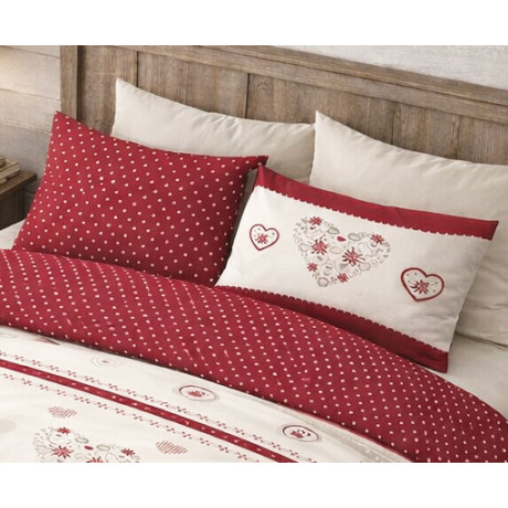 Edelweiss Heart Duvet Cover Red 100% Cotton - Winter Bed Set with Pillowcases, Buttons and Flapper 40 cm