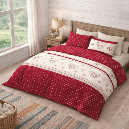 Funda de edredón Edelweiss Heart Heart Red 100% algodón - Set de cama de invierno con fundas de almohada, botones y aleta 40 cm