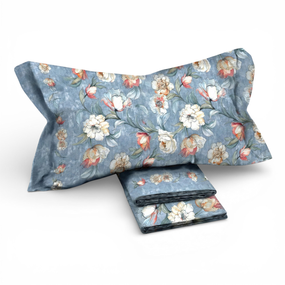 MAXI Fior di Perla Doble Juego de Sábanas Azul Claro 100% Algodón – Patrón Floral, abajo con esquinas