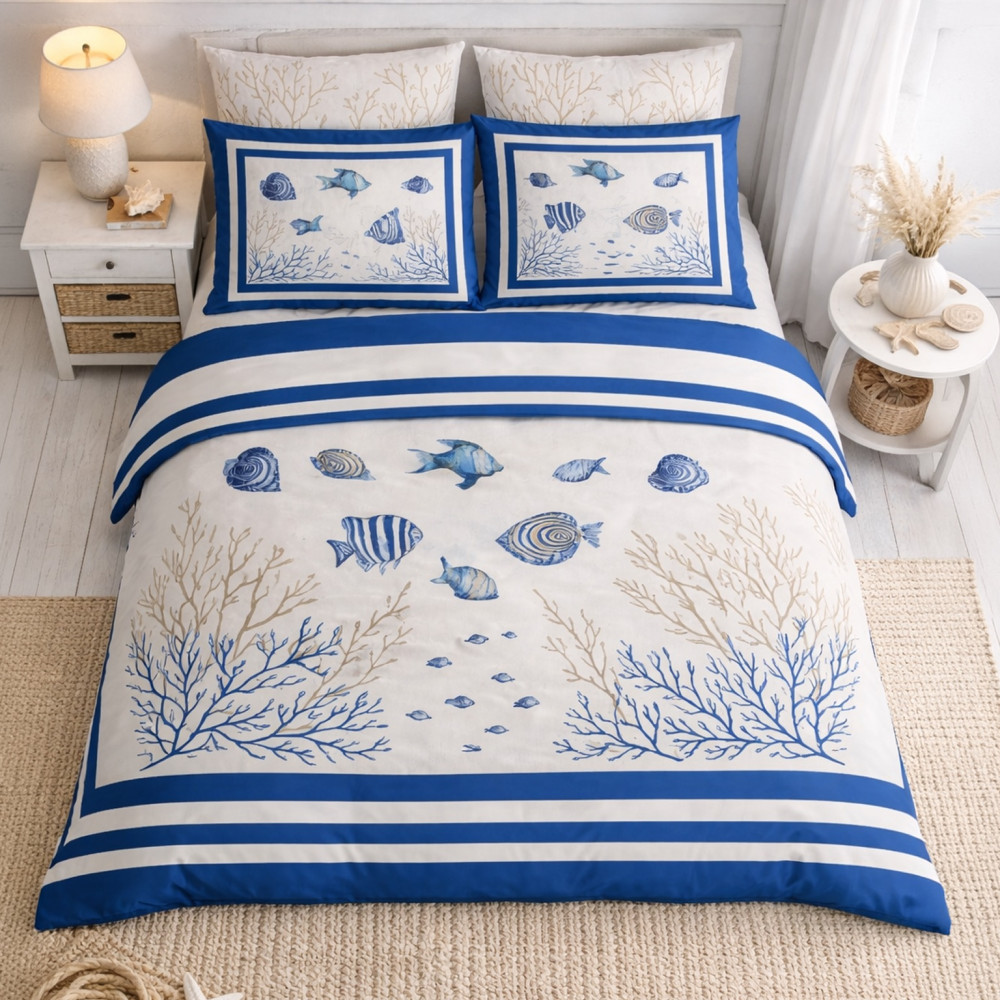 Ensemble de draps de lit avec double volant 250x290 + 2 taies d’oreiller 50x80, 100 % coton, motif Blue Sea