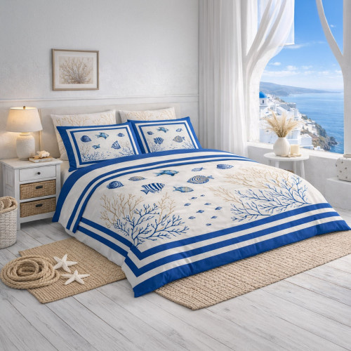 Conjunto de sábanas con doble colcha 250x290 + 2 fundas de almohada 50x80, 100% algodón, patrón Blue Sea