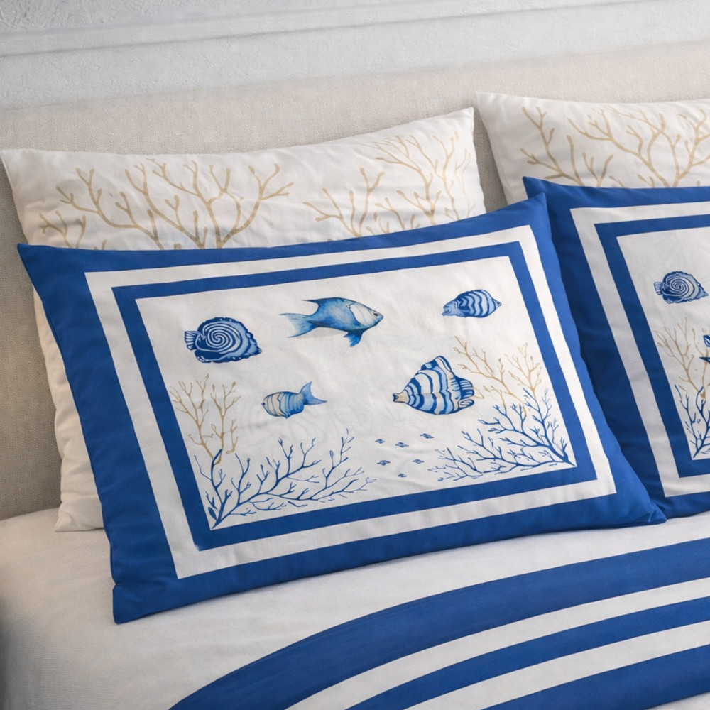 Bettdecken-Set mit Doppelflounce 250x290 + 2 Kissenbezüge 50x80, 100% Baumwolle, Blue Sea-Muster