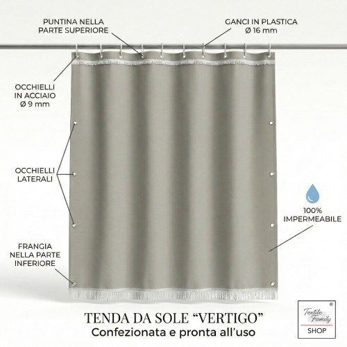 Toldo Vertigo Tex Family Hilos marrón lisos 100% impermeables y repelentes al agua, ojales teñidos y flecos de acero