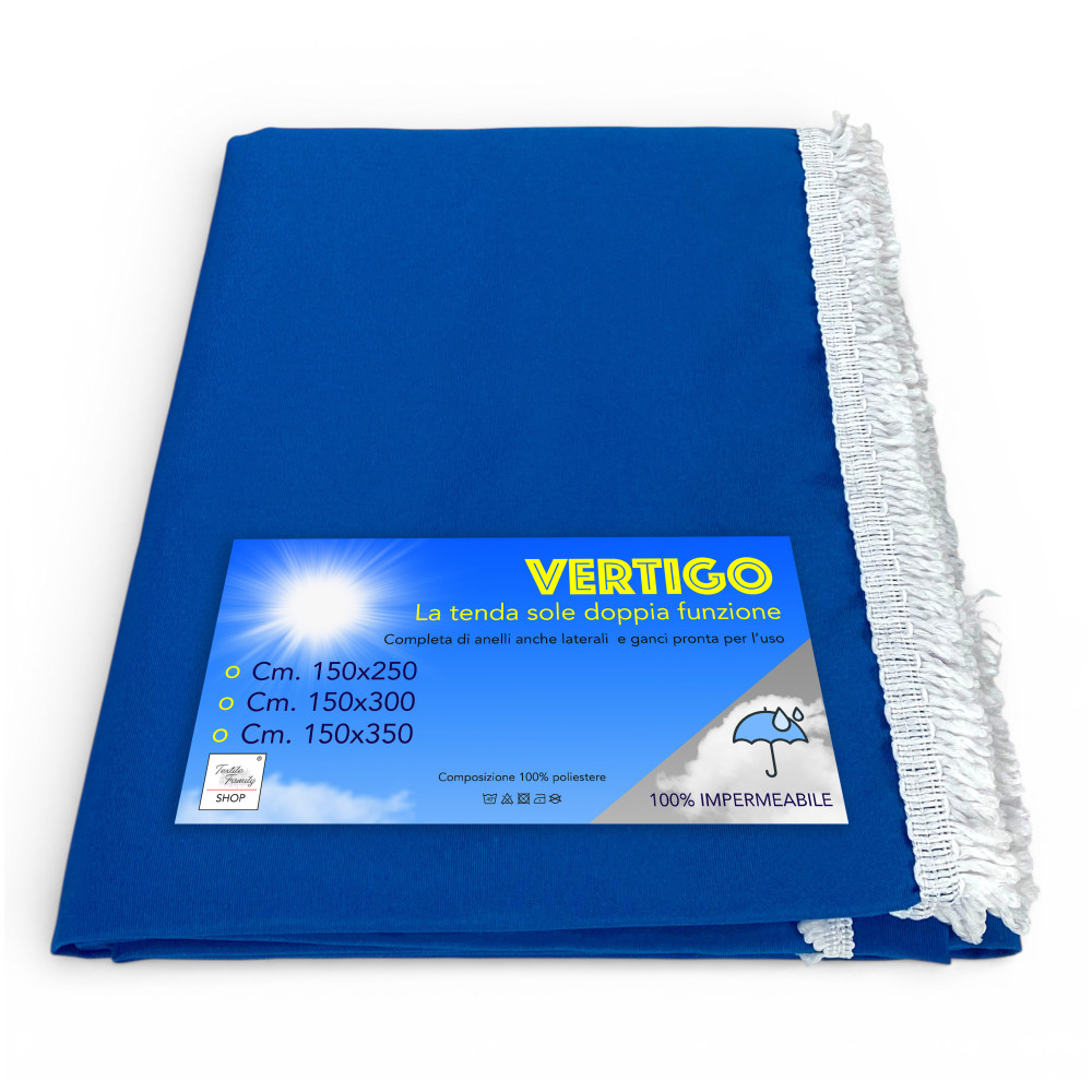 Tenda da Sole Vertigo Tex Family Bluette Unito 100% Poliestere Impermeabile Idrorepellente Tinto Filo Occhielli Acciaio Frangia