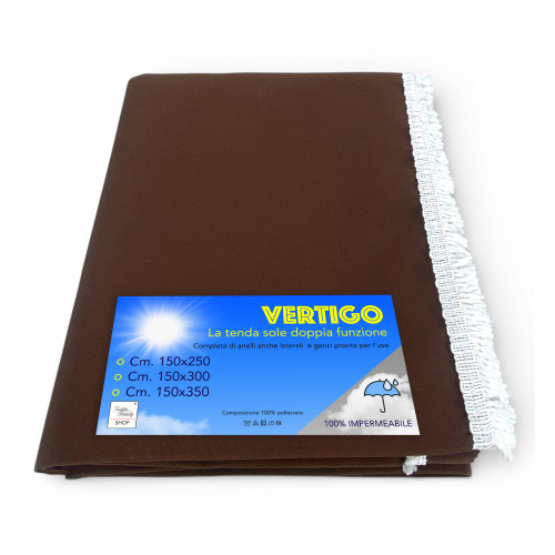 Toldo Vertigo Tex Family Hilos marrón lisos 100% impermeables y repelentes al agua, ojales teñidos y flecos de acero