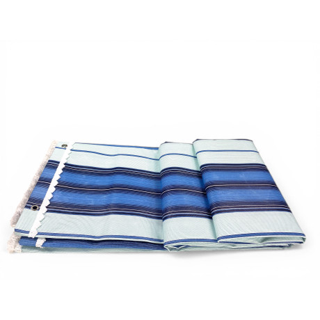 Vertigo Awning Tex Family Stripe Blue 100% Polyester Waterproof Water Repellent Yarn Dyed Eyelets Steel Fringe