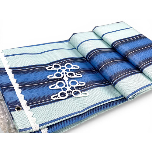Vertigo Awning Tex Family Stripe Blue 100% Polyester Waterproof Water Repellent Yarn Dyed Eyelets Steel Fringe