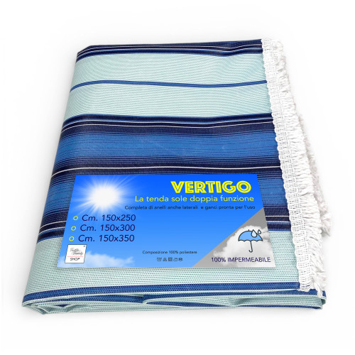 Tenda da Sole Vertigo Tex Family Righino Blu 100% Poliestere Impermeabile Idrorepellente Tinto Filo Occhielli Acciaio Frangia
