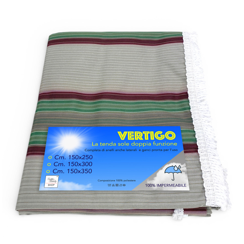 Tenda da Sole Vertigo Tex Family Righino Verde 100% Poliestere Impermeabile Idrorepellente Tinto Filo Occhielli Acciaio Frangia